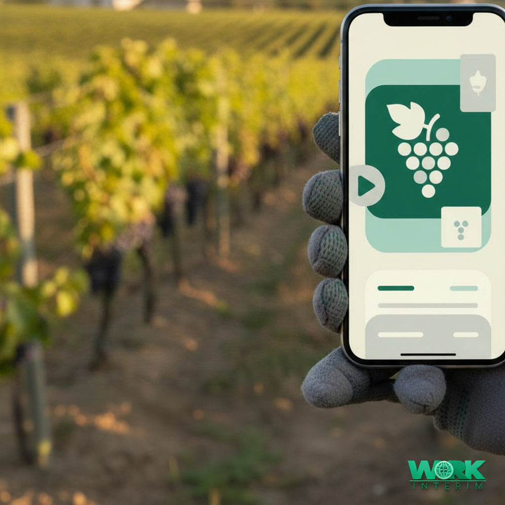 Smartphone avec application de recrutement agricole et vignoble.