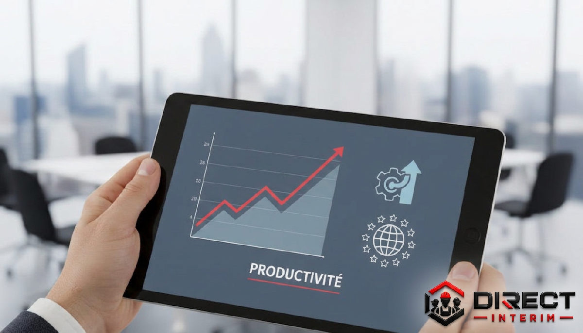 Tablette affichant des données de productivité industrielle et collaboration.