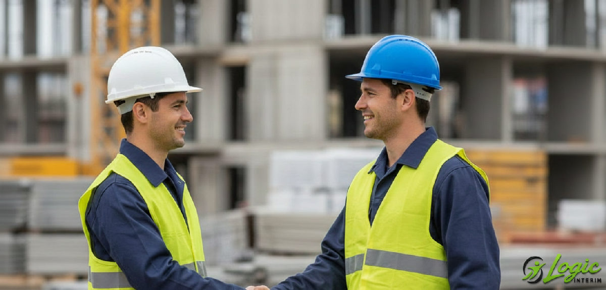 Poignée de main entre un manager français et un ouvrier roumain sur un chantier.