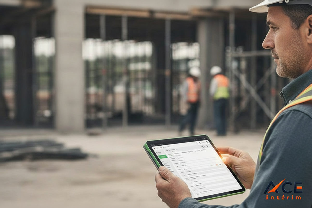 Gestionnaire de chantier vérifiant des documents sur une tablette.