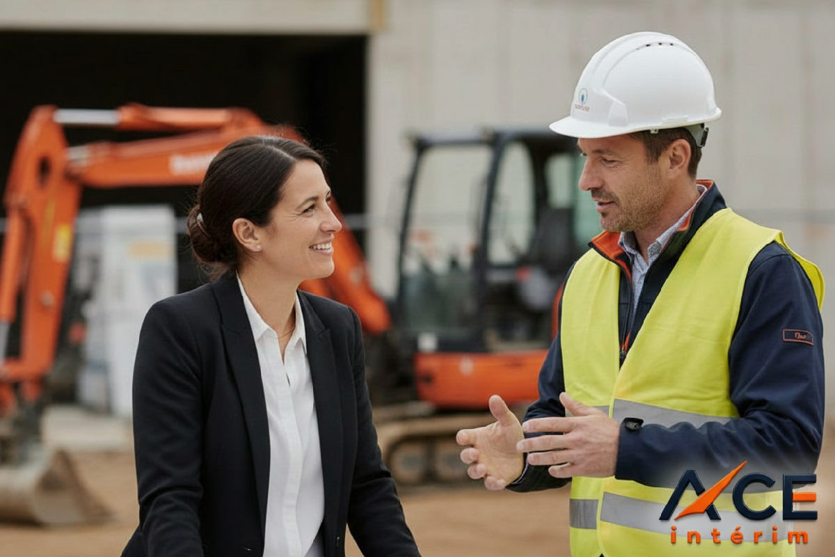 Inspecteur du travail et chef de chantier discutant de conformité.