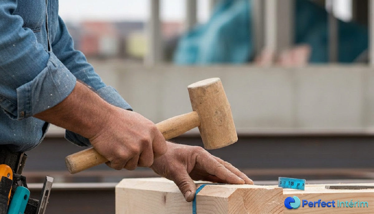 Main experte d'un charpentier roumain ajustant une pièce de bois.