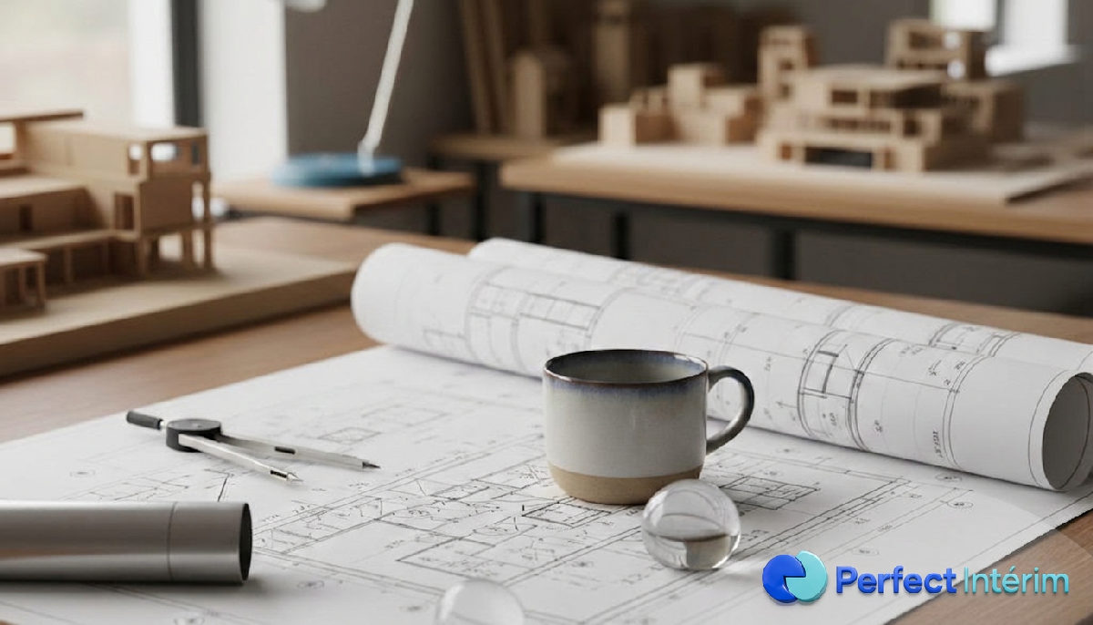 Plans de charpente dans un bureau d'architecte, symbolisant la planification.