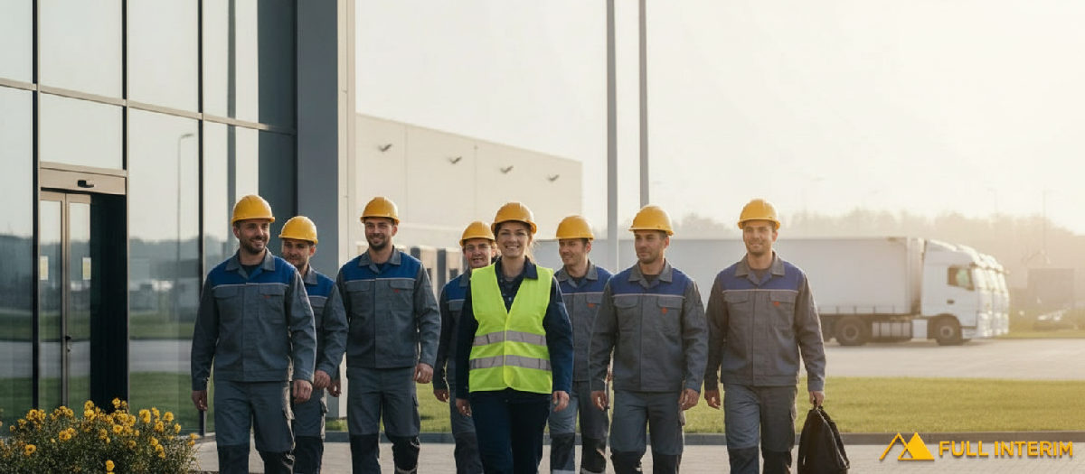 Opérateurs logistiques roumains souriants arrivant au travail en France.