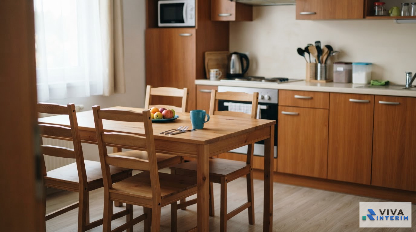 Une cuisine équipée et accueillante dans un logement temporaire pour ouvriers.
