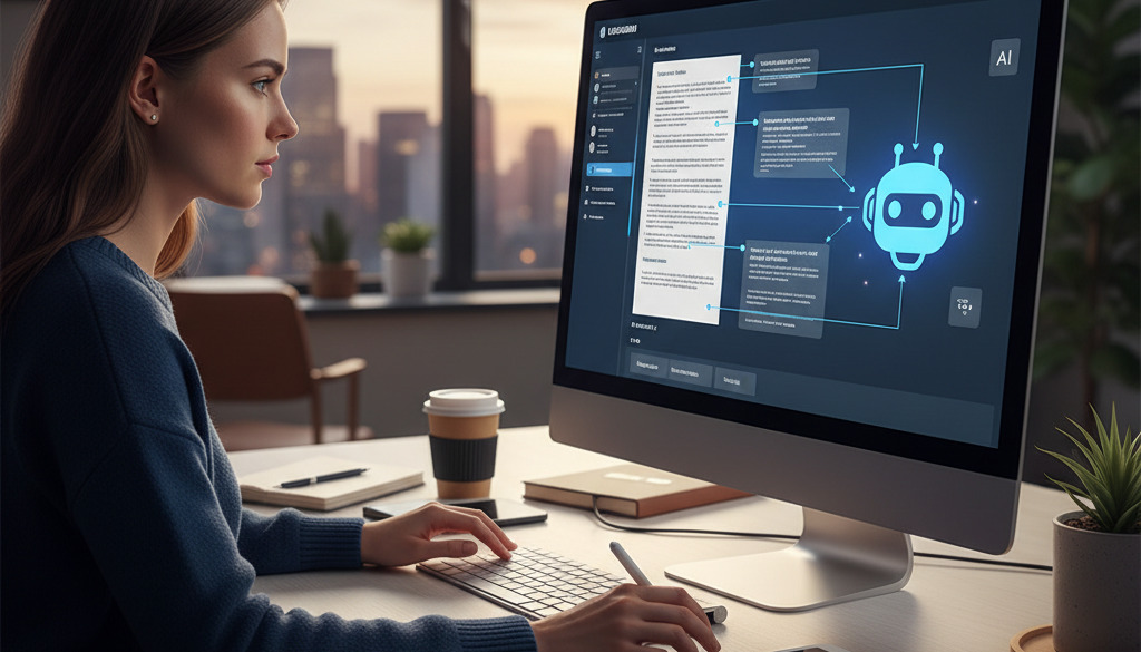 Human and AI bot collaborate on content editing, showing partnership.