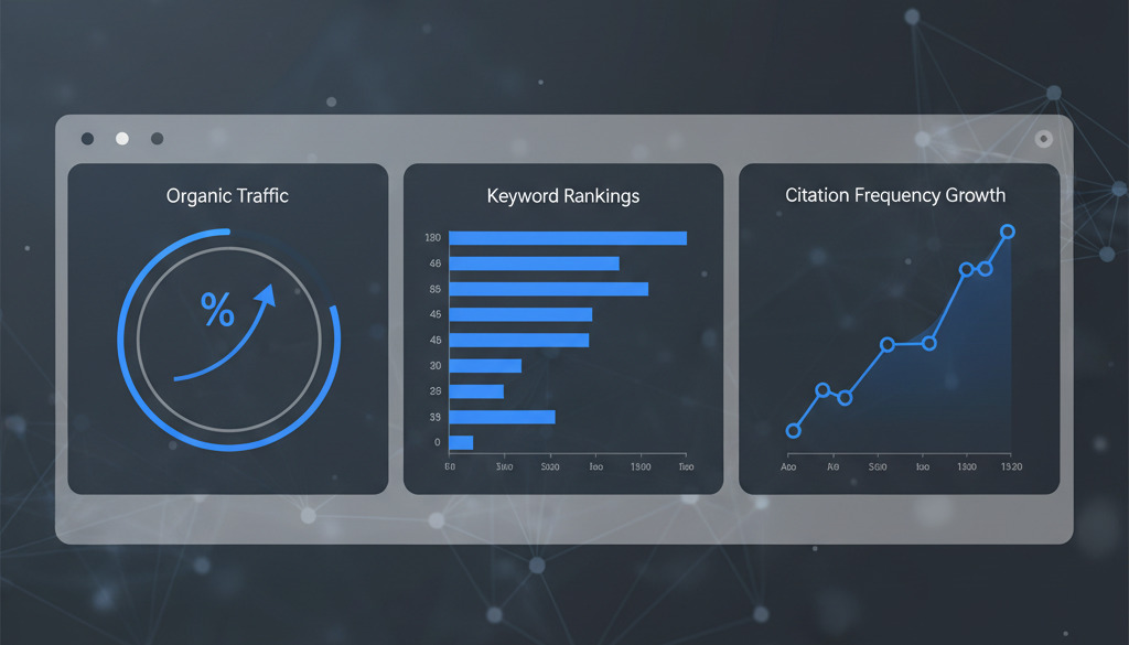 SEO dashboard displays growth in traffic, rankings, and citations.