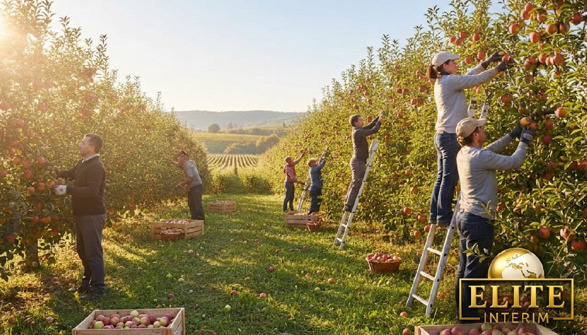 saisonniers roumains agriculture - Saisonniers roumains récoltant des pommes sous un soleil radieux.