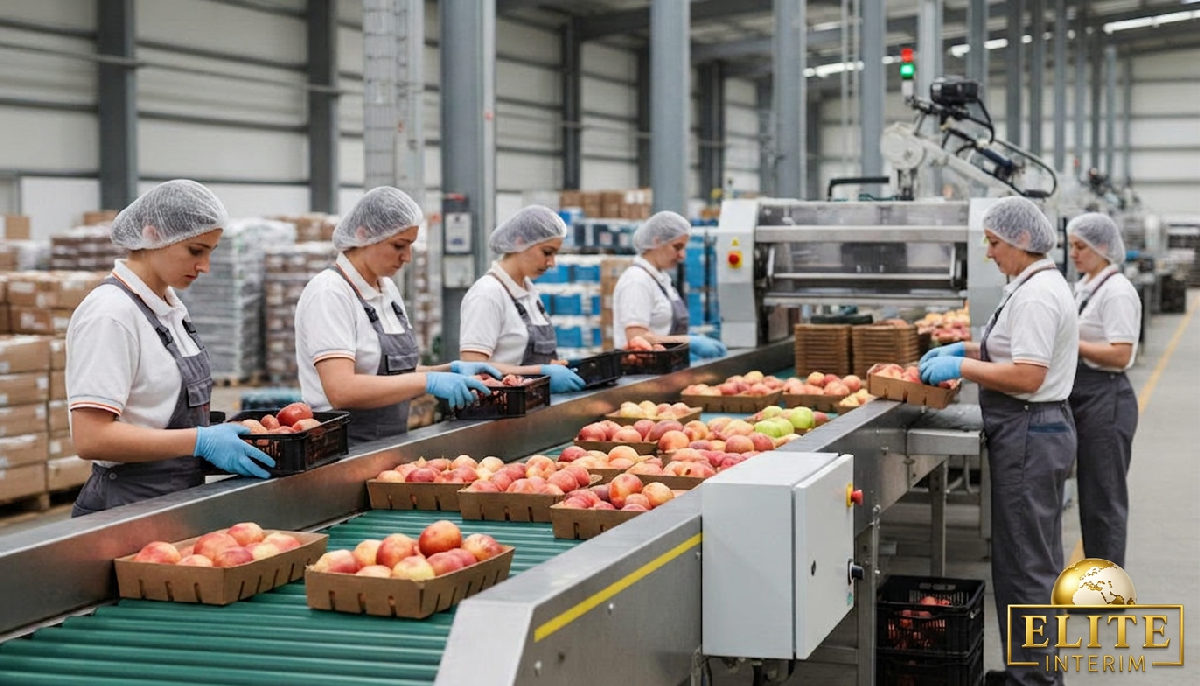 Tri des fruits sur chaîne de conditionnement en entrepôt.