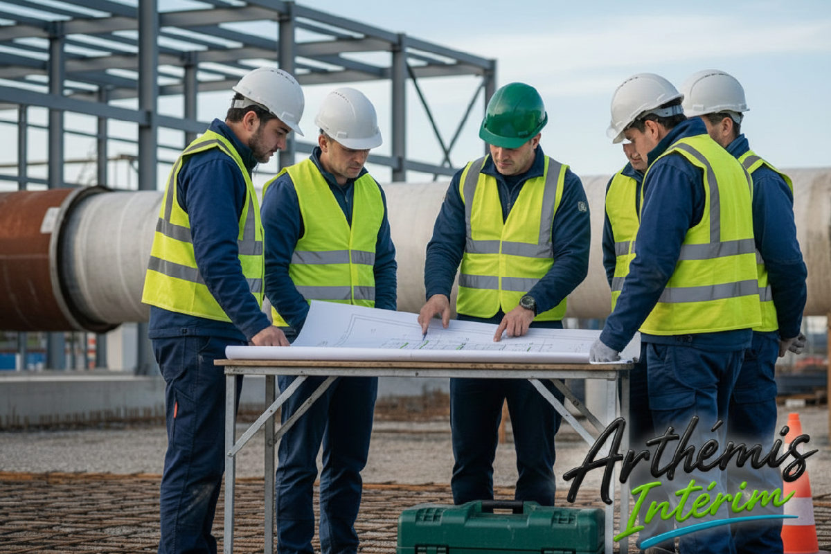 Travailleurs roumains en réunion de sécurité sur un chantier.