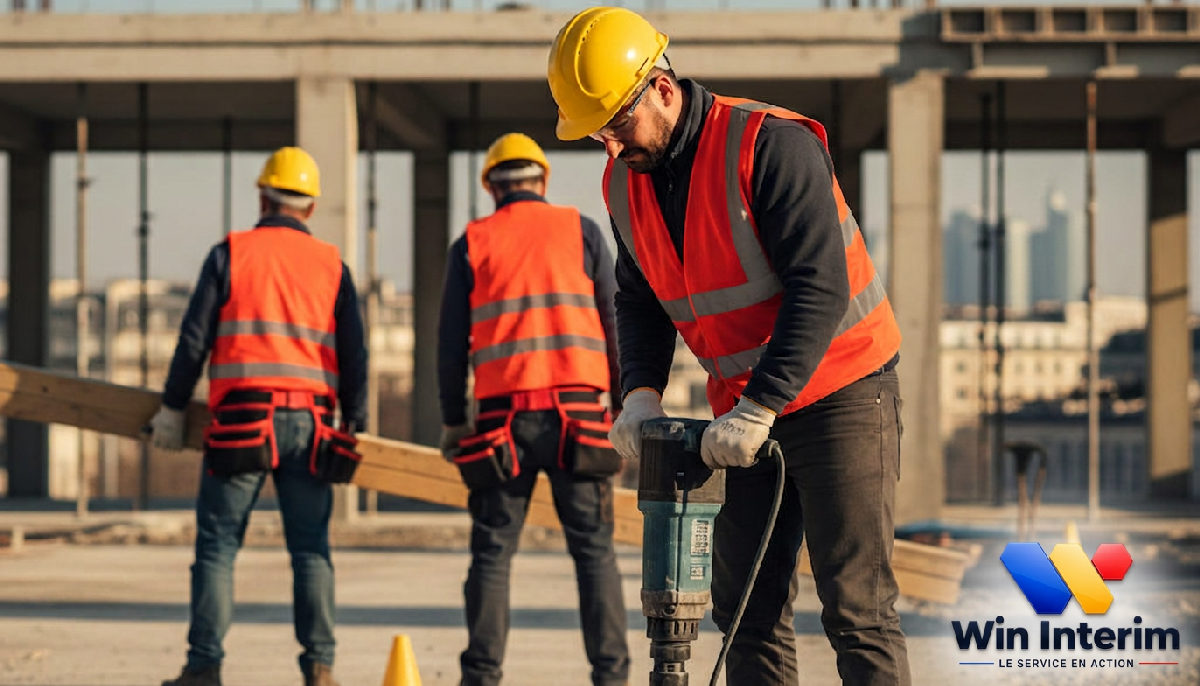 Ouvriers qualifiés sur un chantier français, travaillant sous un soleil radieux.