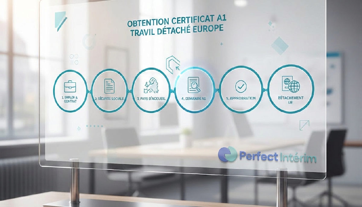 Infographie : étapes pour obtenir le certificat A1 travail détaché en Europe.