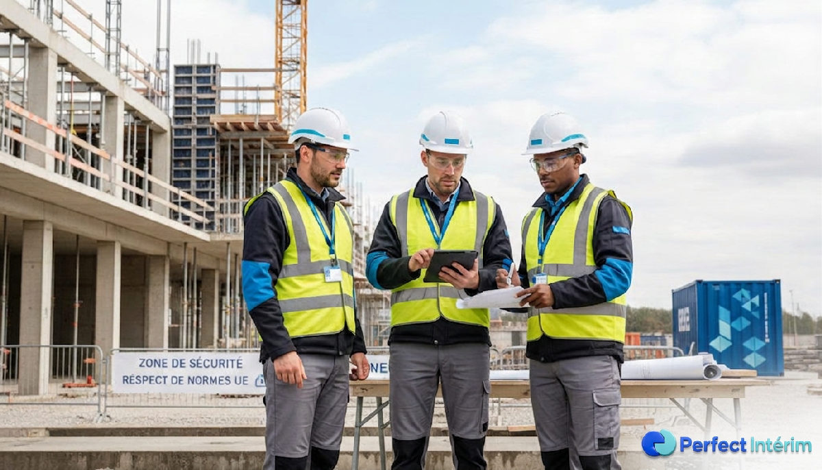 Ouvriers qualifiés sur un chantier en France : sécurité et travail détaché.