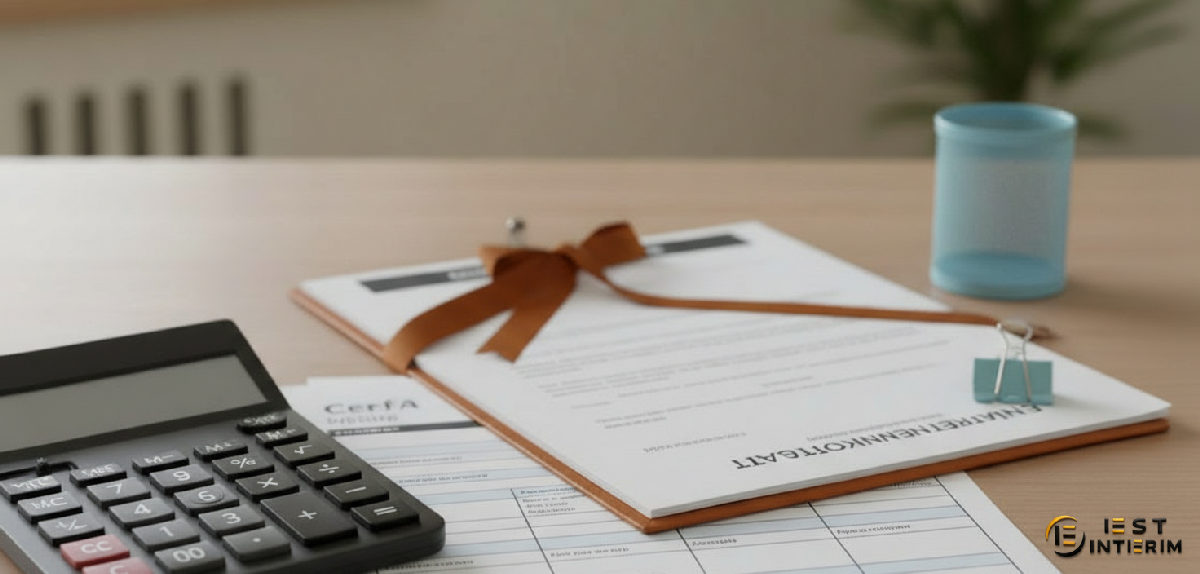 Table avec calculatrice, documents Cerfa, contrat de travail : calcul des cotisations.