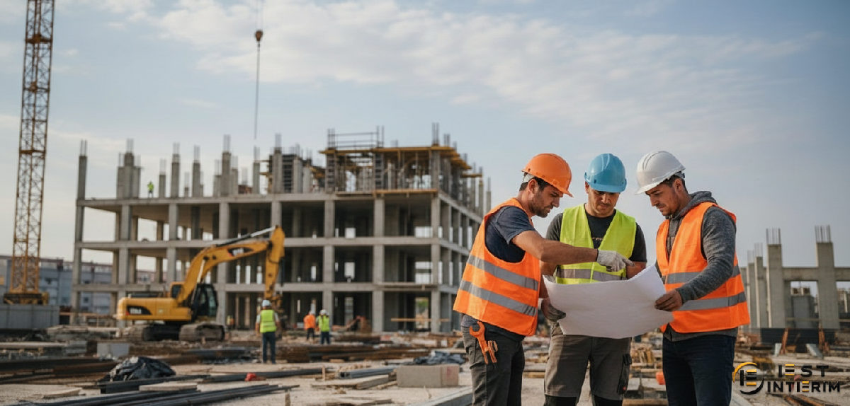 Ouvriers qualifiés sur un chantier, application du détachement dans le BTP.