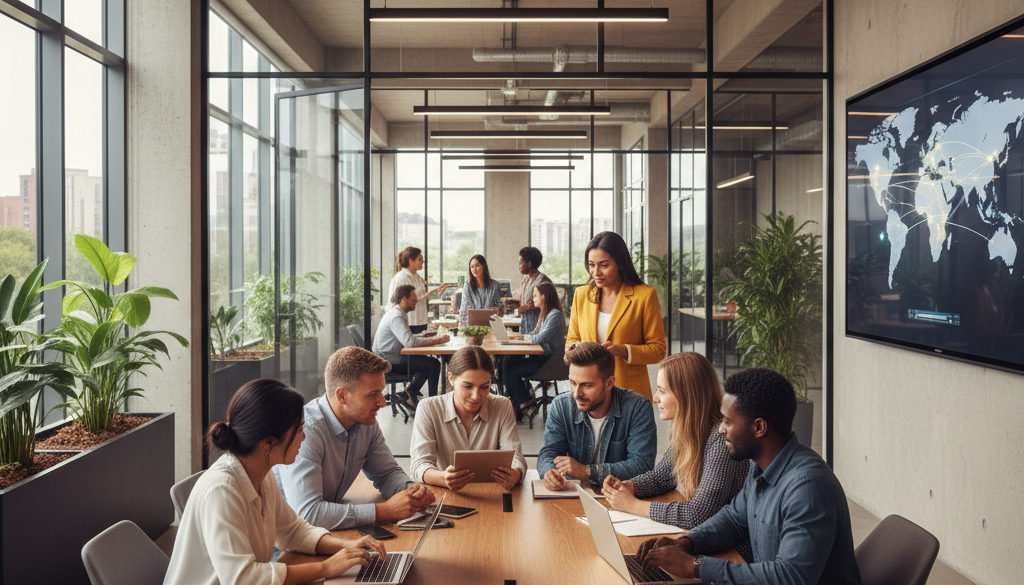 intégration travailleurs internationaux – Un bureau moderne avec une équipe diversifiée travaillant ensemble.