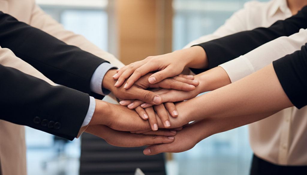 Mains diverses se rejoignant au centre, symbolisant l'unité et le soutien.