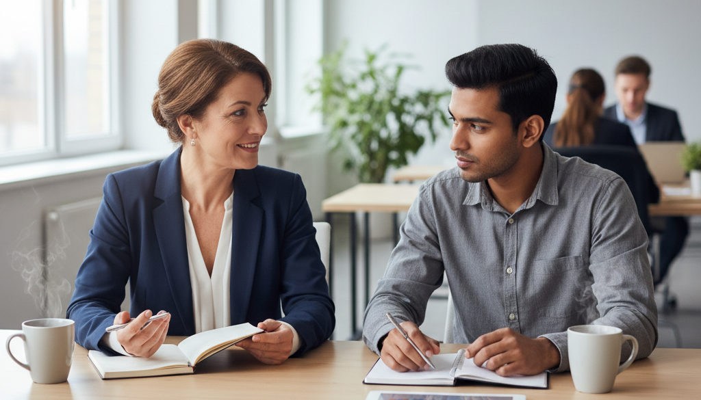 Un manager et un employé diversifié en session de feedback.