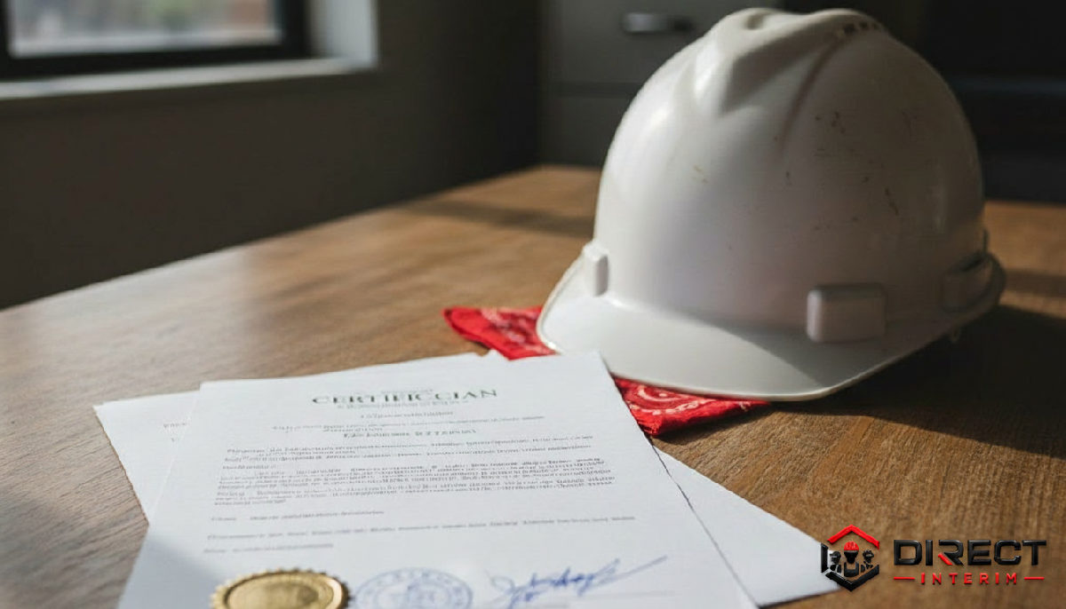 Documents de certification professionnelle sur une table avec un casque.