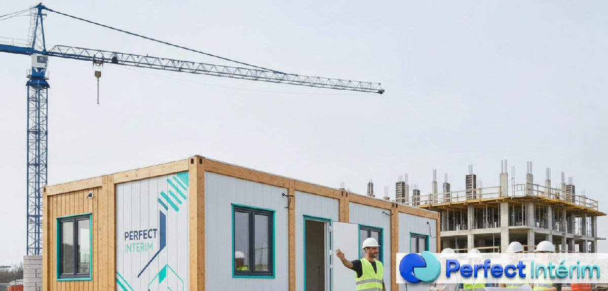 Chantier de construction avec logement pour travailleurs roumains.