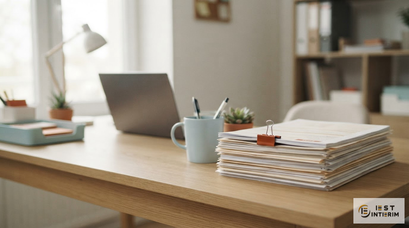 Des documents administratifs de conformité rangés sur un bureau de gestionnaire RH.