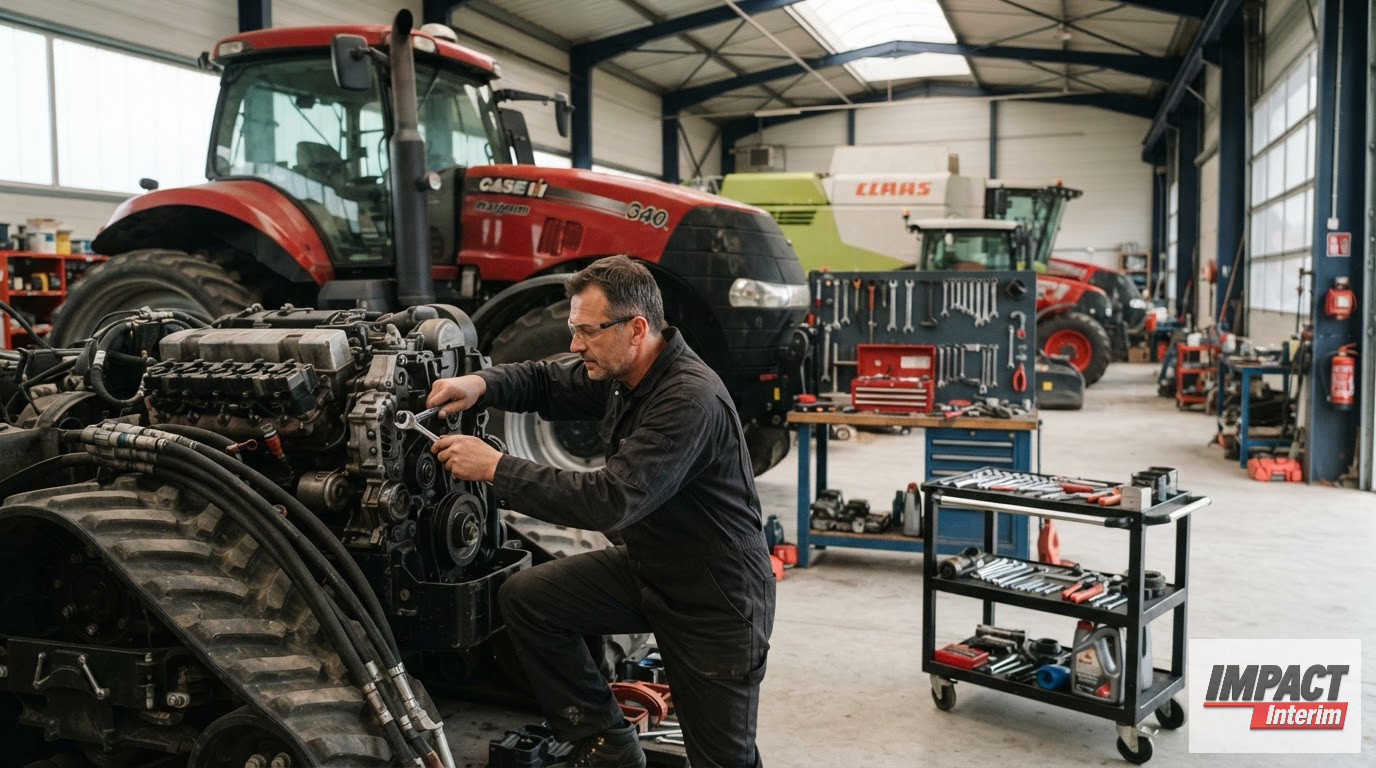 Un atelier agricole organisé avec plusieurs engins en cours de maintenance.