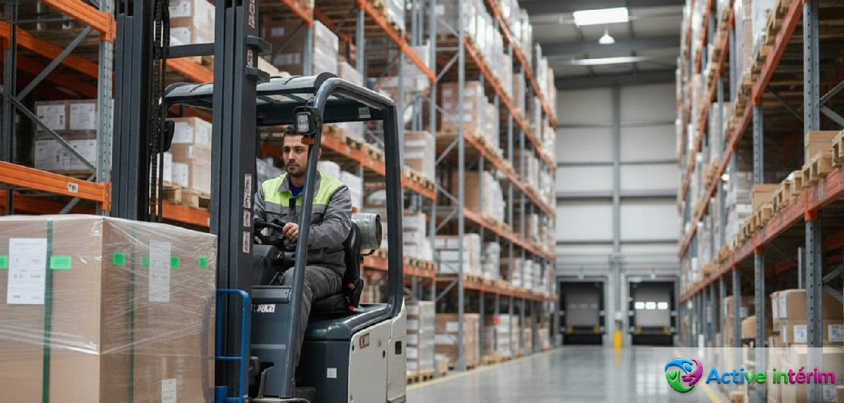 Cariste roumain en action dans un entrepôt logistique en France.