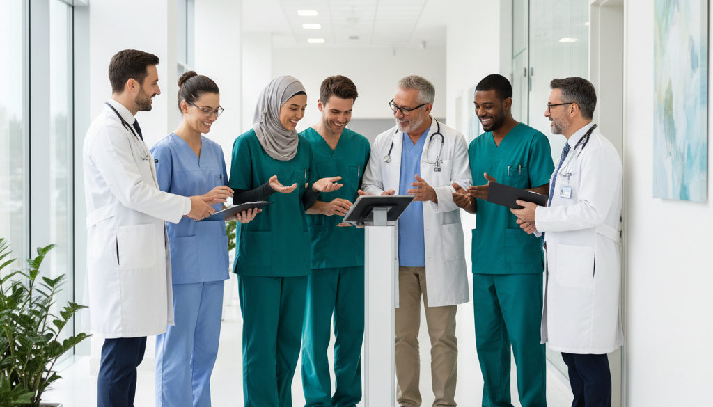 Professionnels de santé permanents et intérimaires collaborant en clinique.