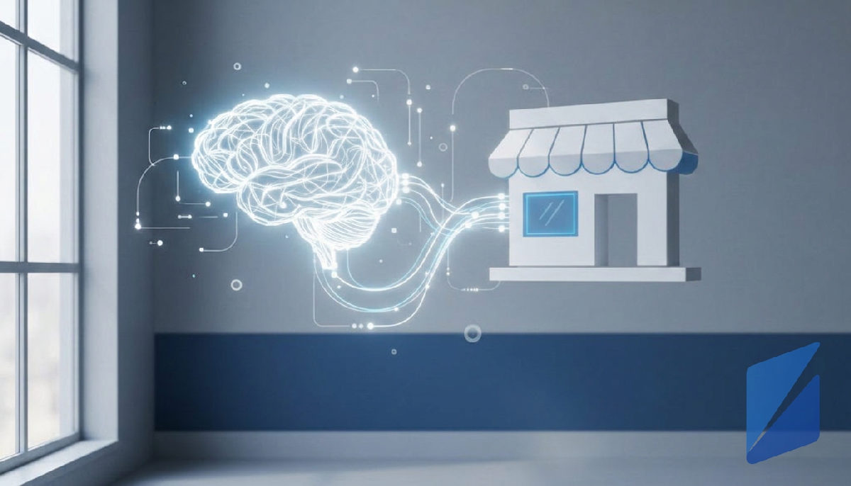 Glowing brain connected to Shopify logo, representing AI-driven growth.