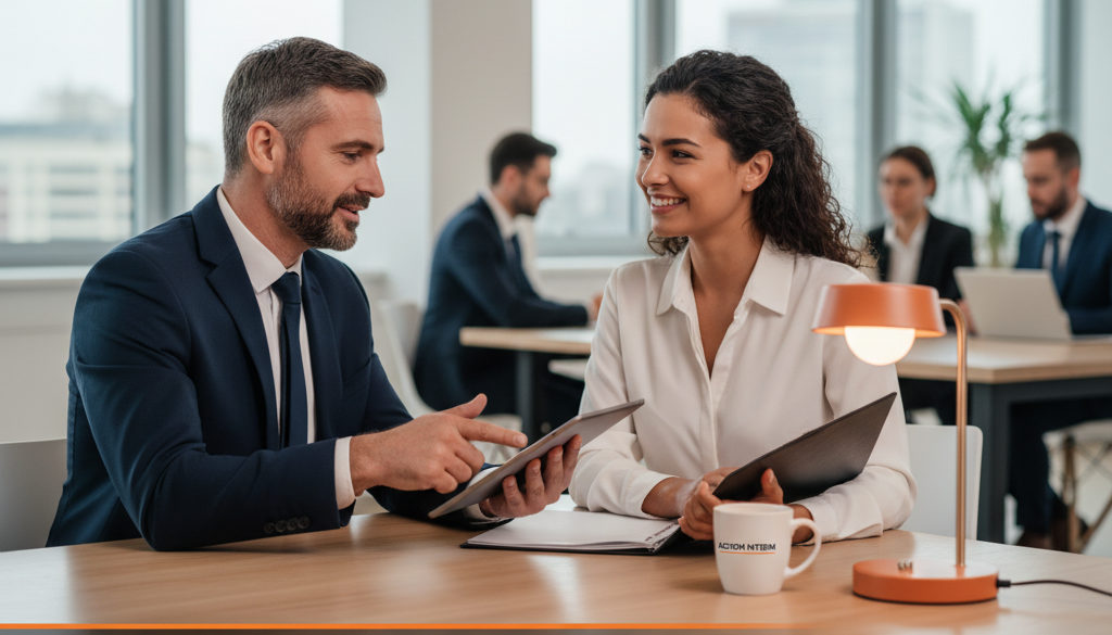 Recruteur discutant avec un talent roumain qualifié.