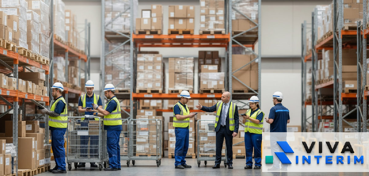 comment recruter des intérimaires roumains pour entrepôts - Entrepôt logistique moderne avec préparateurs de commandes en action.