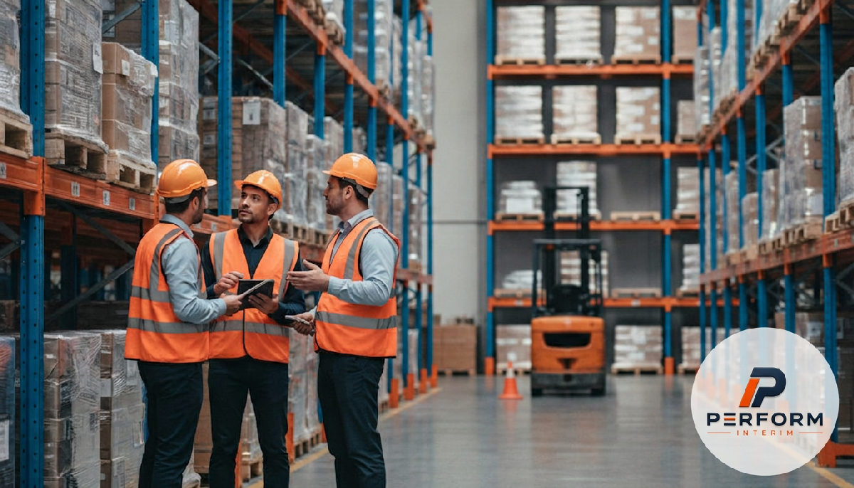 Équipe de caristes qualifiés devant des rayonnages industriels.