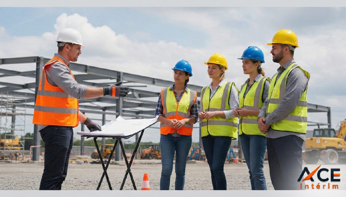 Responsable expliquant les règles à des travailleurs sur un chantier.