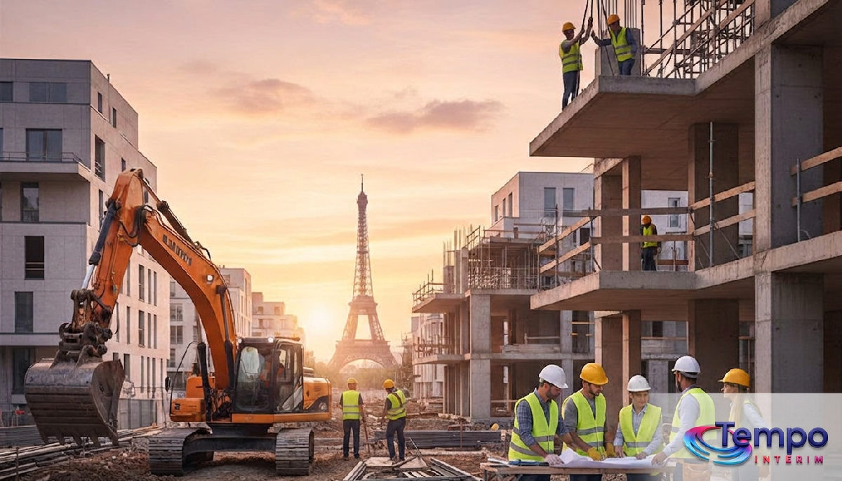Chantier de construction en France avec des travailleurs roumains.