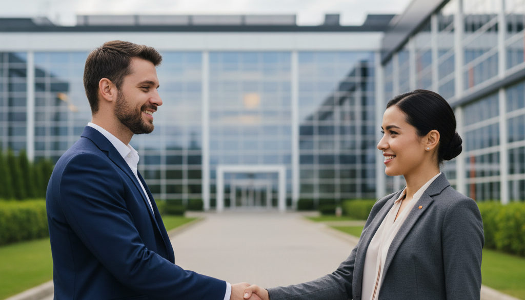 Professionnels français et roumain se serrant la main devant un bâtiment.