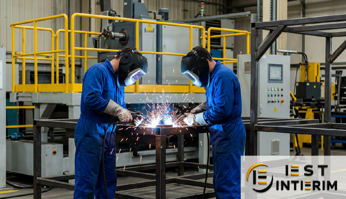 Ouvriers bulgares en combinaison, soudant avec précision en usine française.