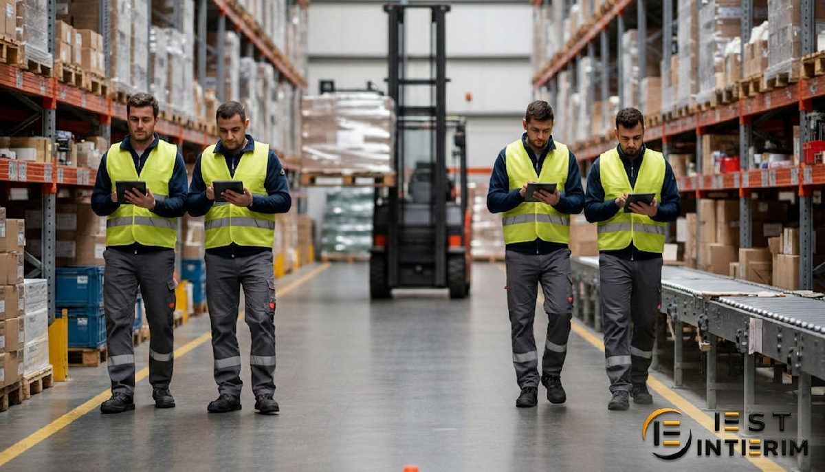 Travailleurs bulgares gérant efficacement un stock en entrepôt logistique à Nantes.