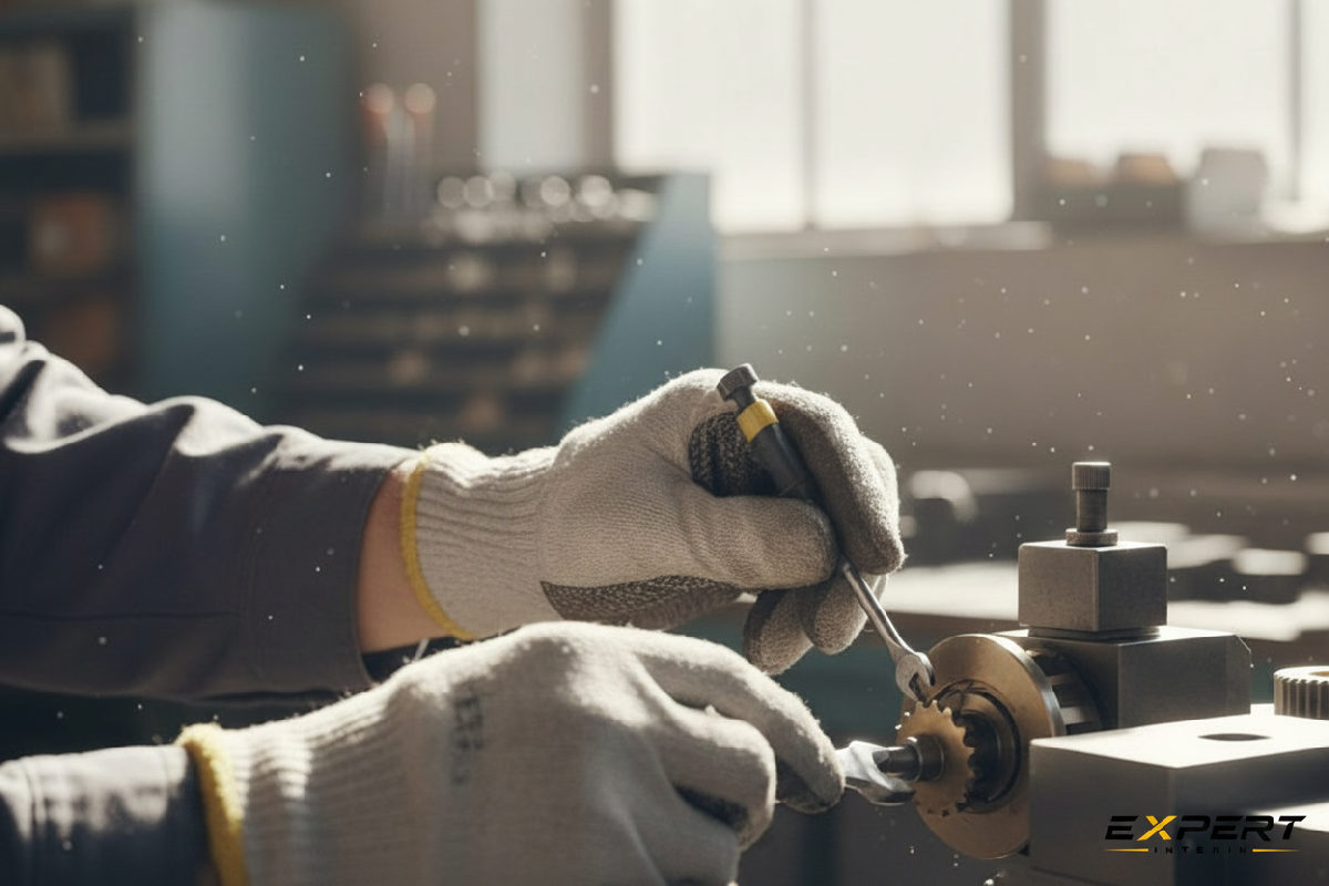 Mains d'un ouvrier manipulant des outils dans un atelier industriel.