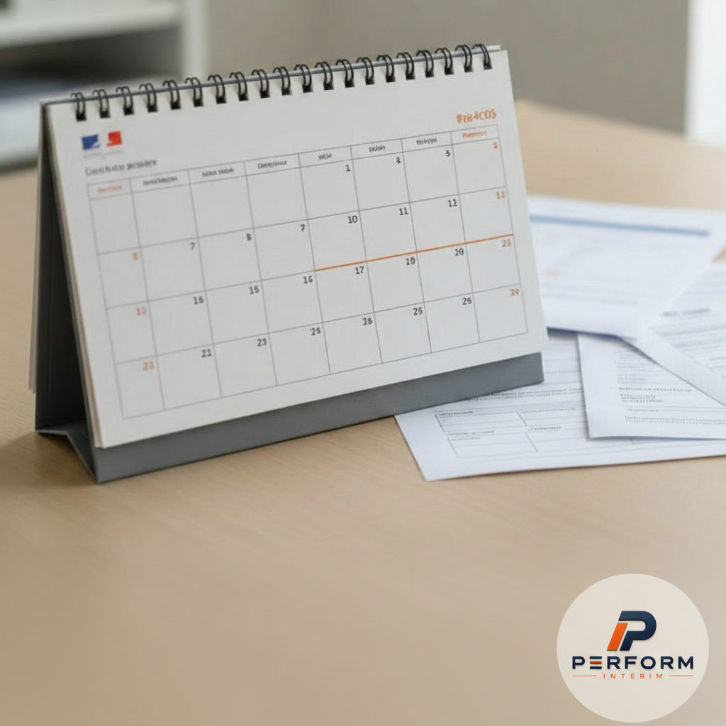 Calendrier montrant 18 mois pour contrat intérimaire étranger et documents.