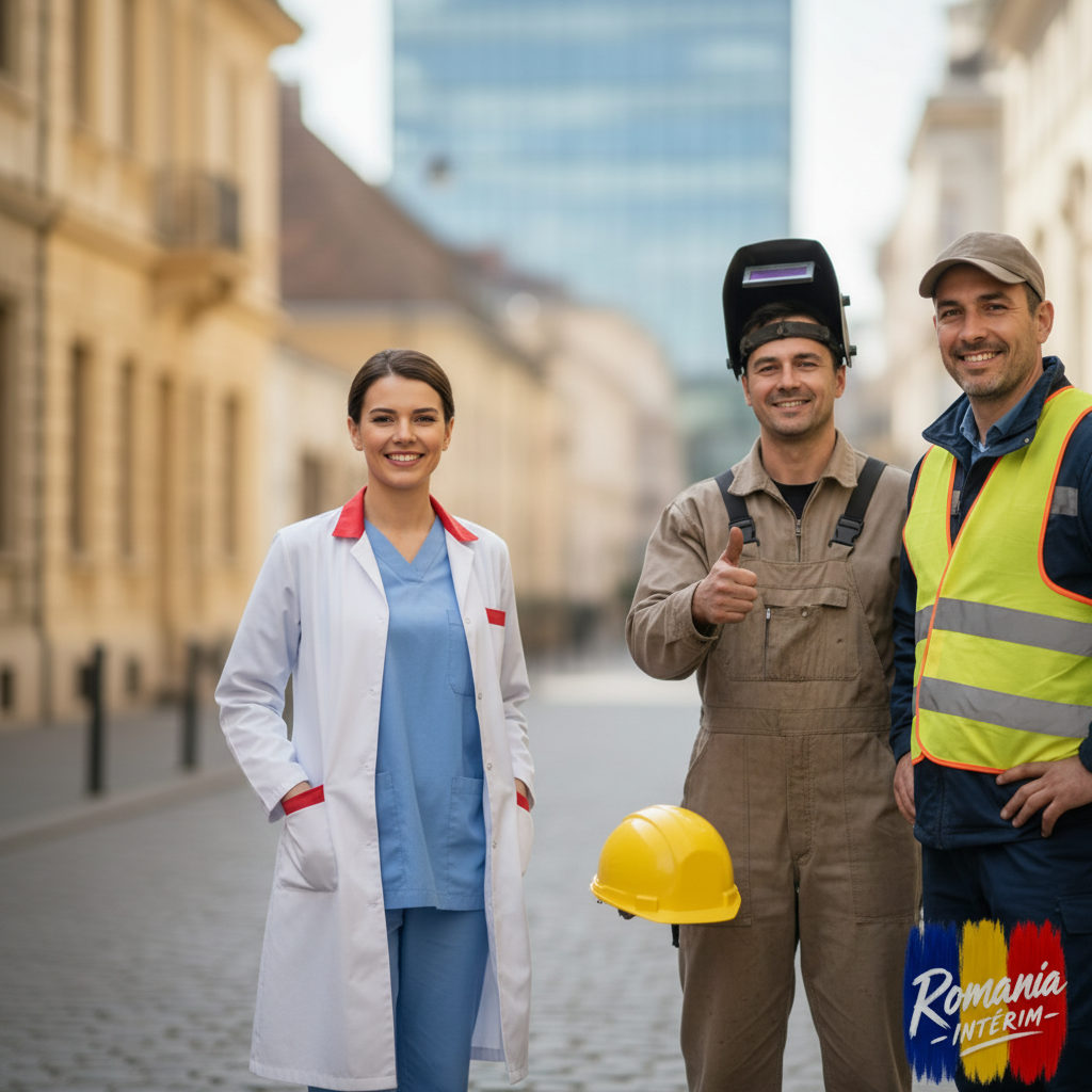 Groupe de travailleurs roumains qualifiés prêts à travailler en France.