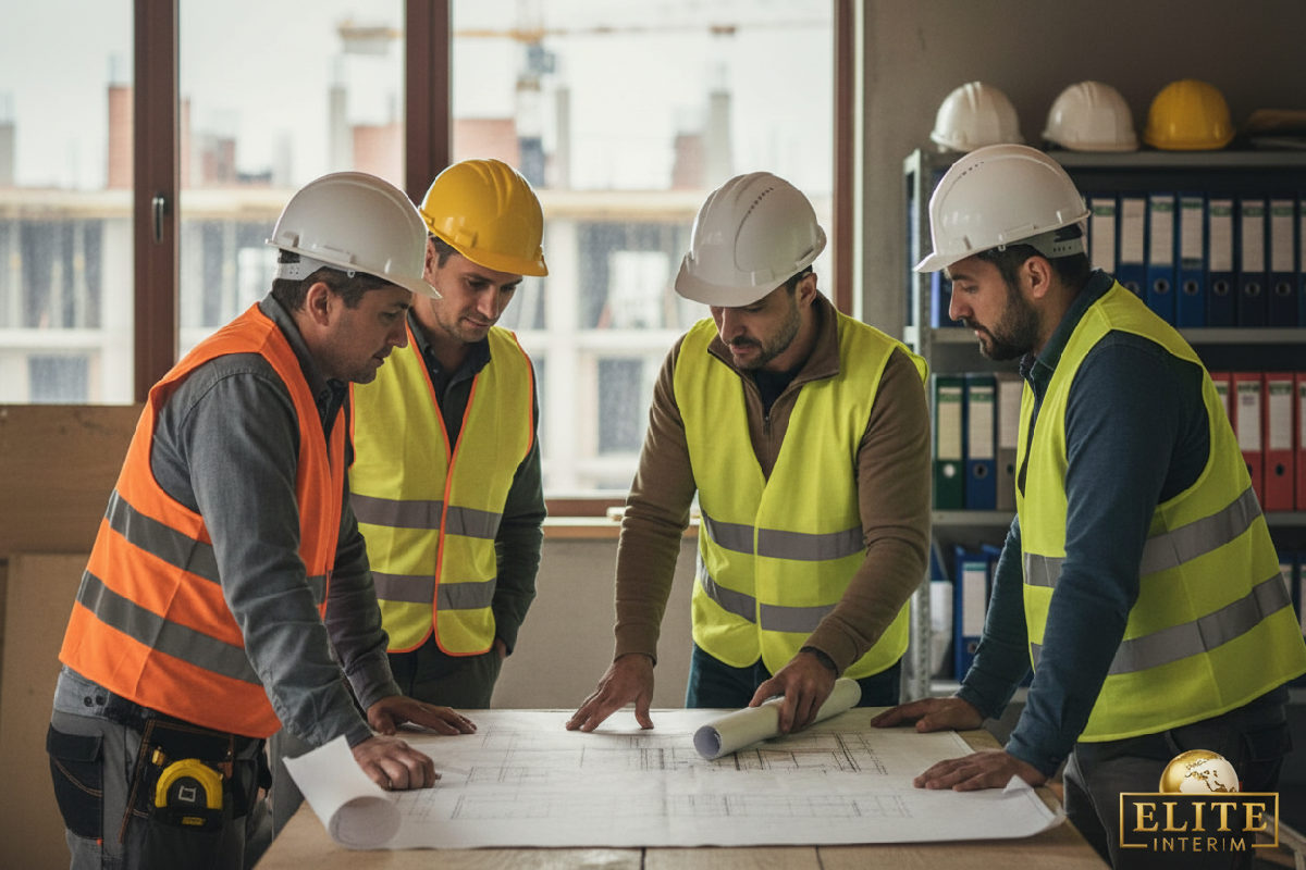 Équipe internationale discutant d'un plan dans un bureau de chantier.