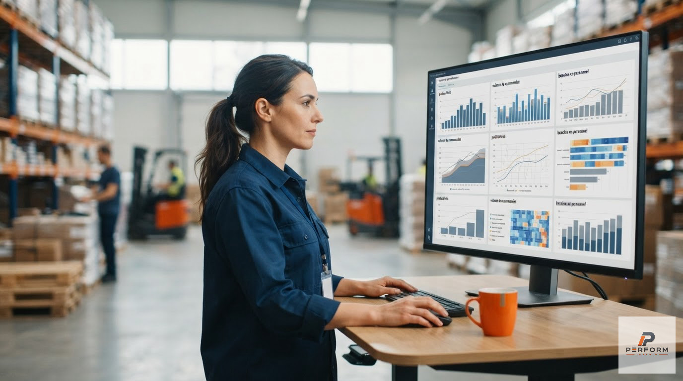 Tableau de bord logistique affichant les statistiques de productivité et besoins en main-d'œuvre.