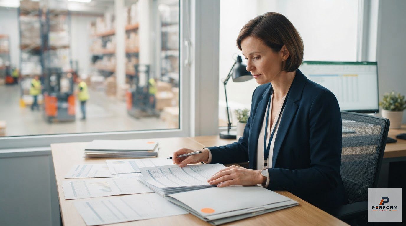 Responsable RH vérifiant des documents d'habilitation CACES au sein d'un bureau.