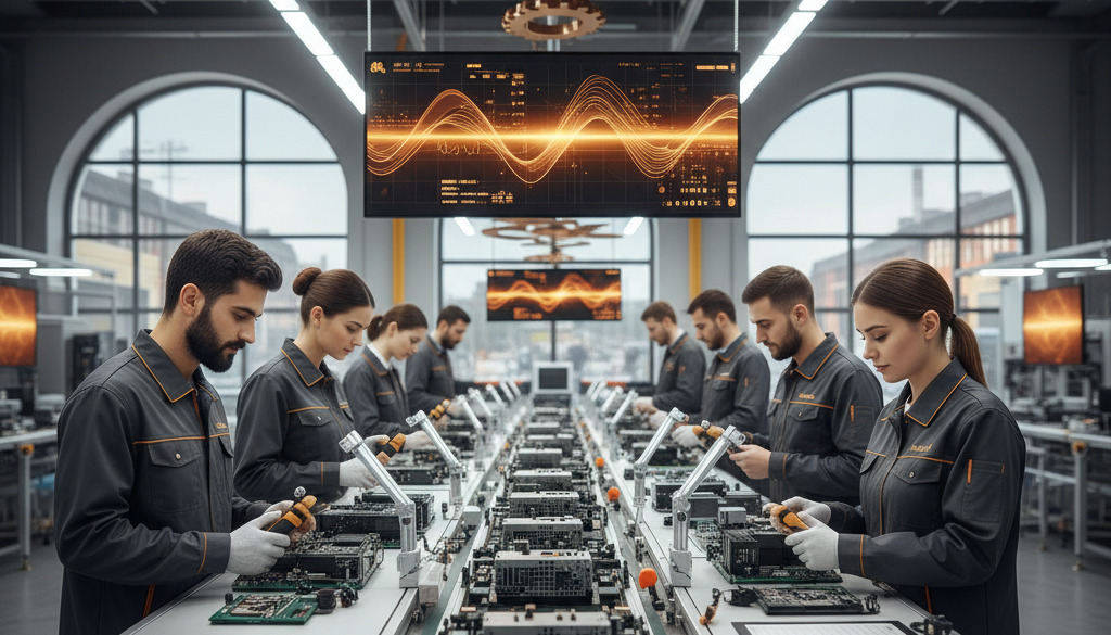 Travailleurs locaux et d'Europe de l'Est sur une ligne de production.