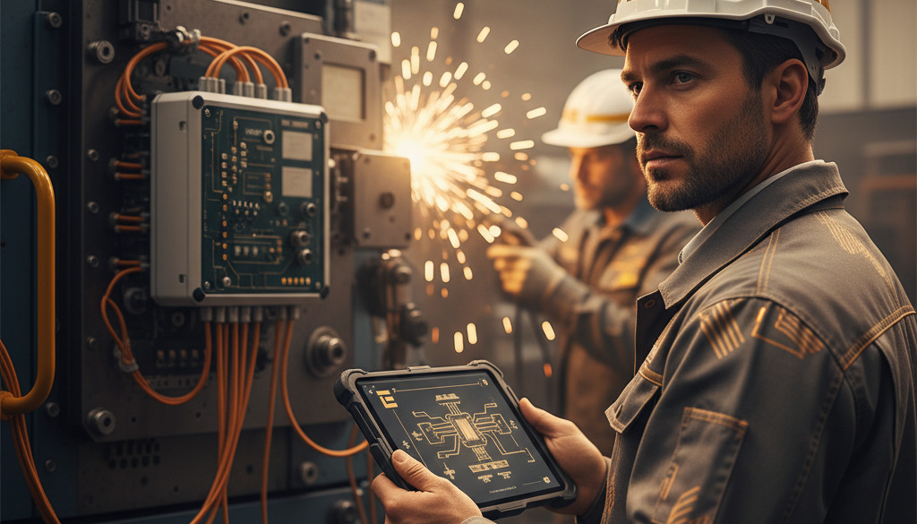 Ingénieur expert supervisant une machine complexe avec une tablette.
