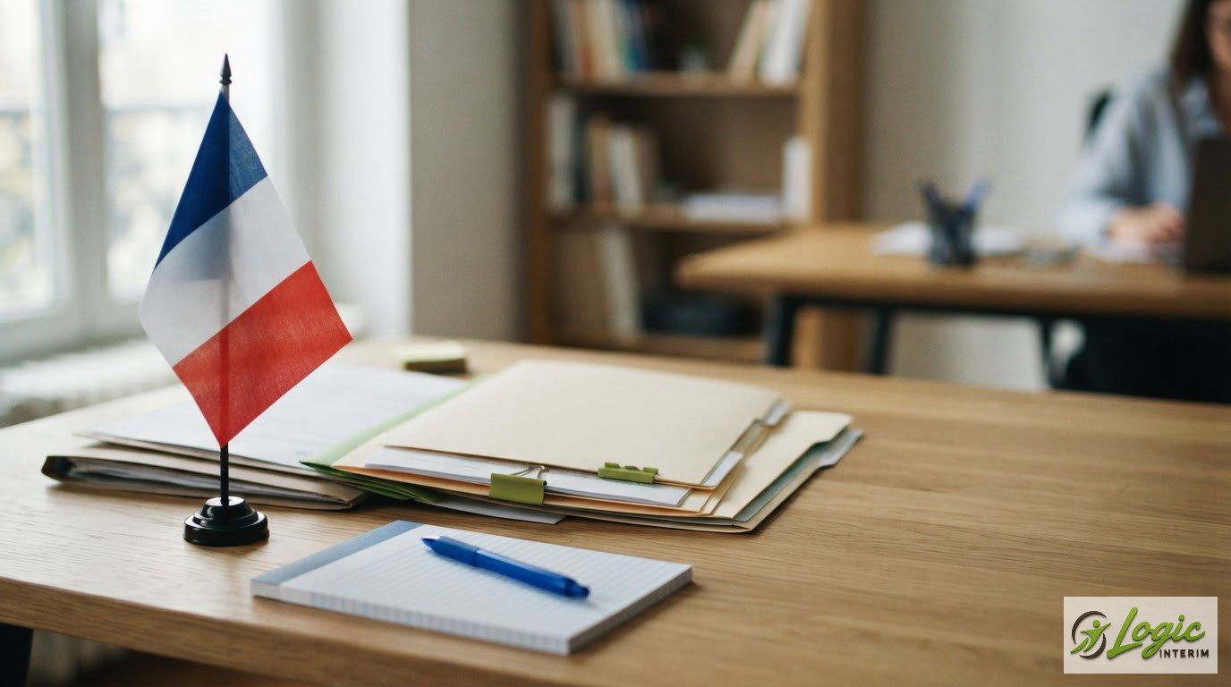 Un bureau avec un drapeau français et des dossiers administratifs pour les entreprises étrangères.