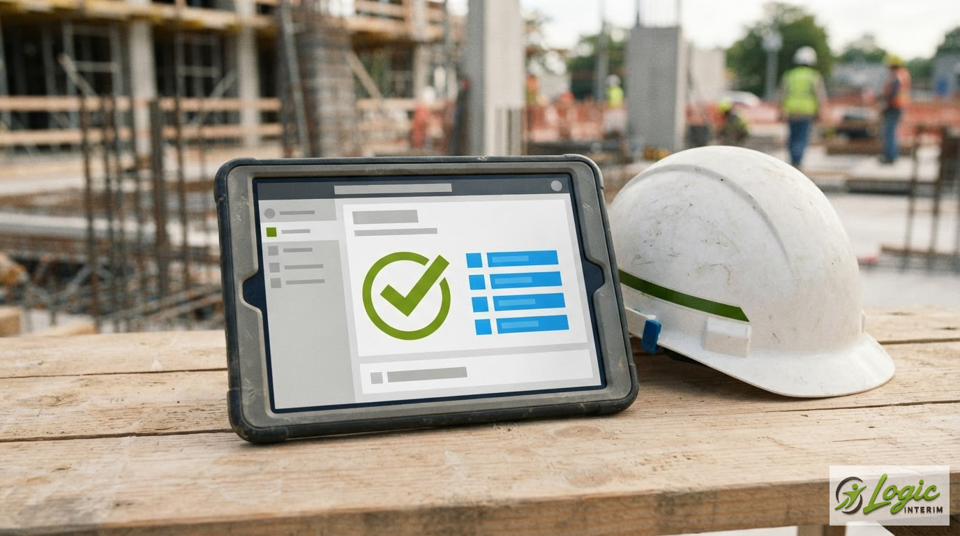 Une tablette affichant une conformité SIPSI approuvée à côté d'un casque de chantier.