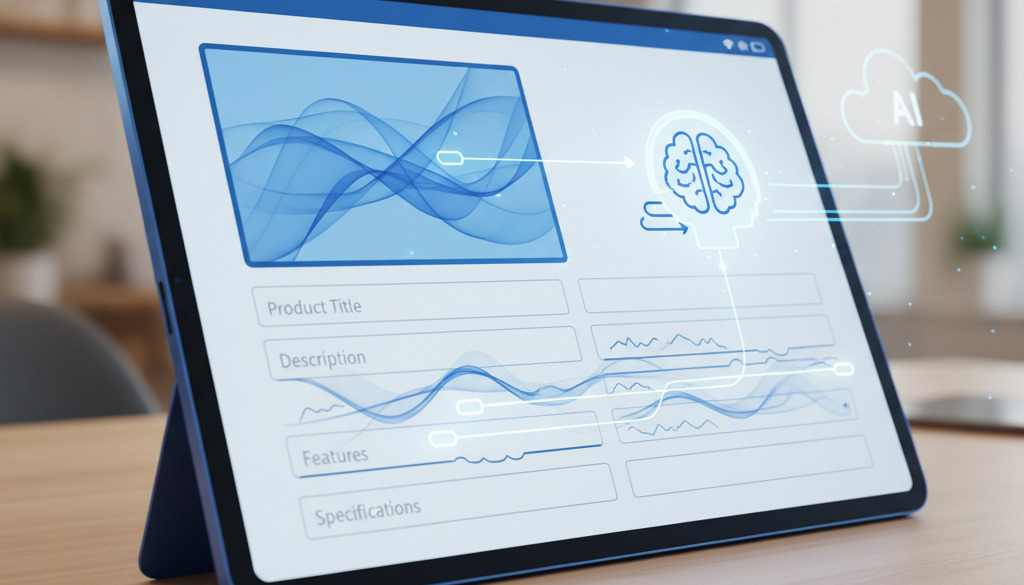 AI auto-filling e-commerce product description on a tablet with engaging text.