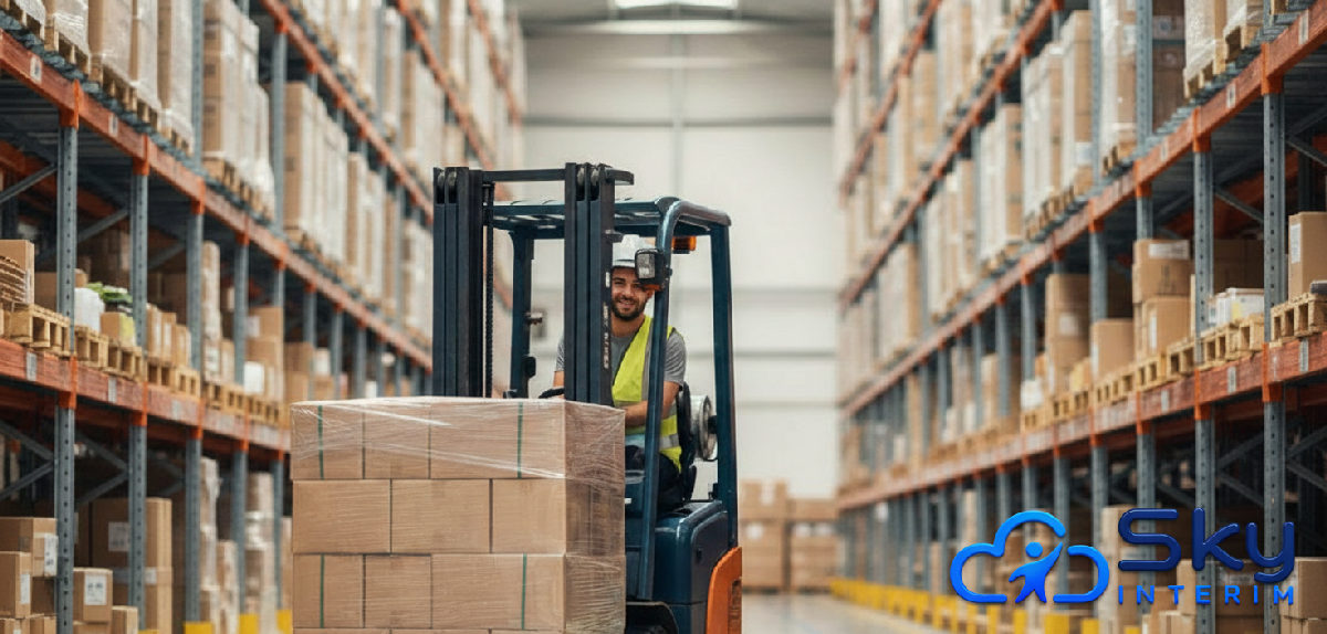 Entrepôt logistique moderne, cariste roumain souriant et efficace.