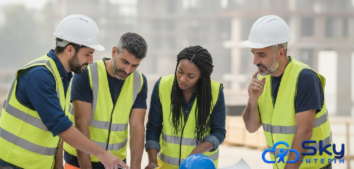 Ouvriers français et roumains collaborant sur un plan de chantier.